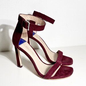 Stuart Weitzman 75 Squarenudist Cabernet Suede Heel Sandal with Ankle Strap